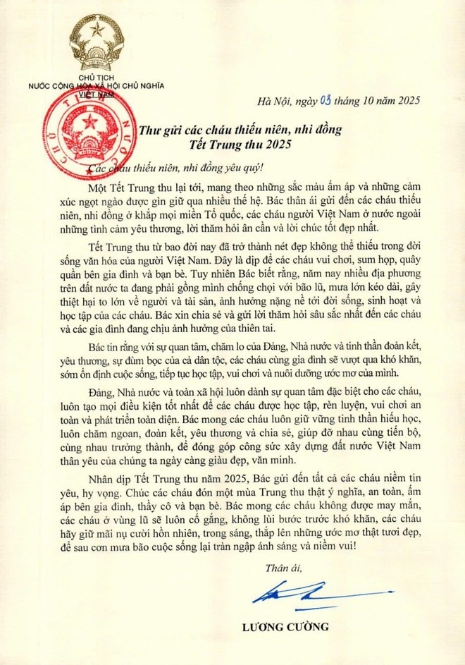 Chủ tịch nước Lương Cường gửi Thư chúc Tết Trung thu 2025 tới các cháu thiếu niên, nhi đồng